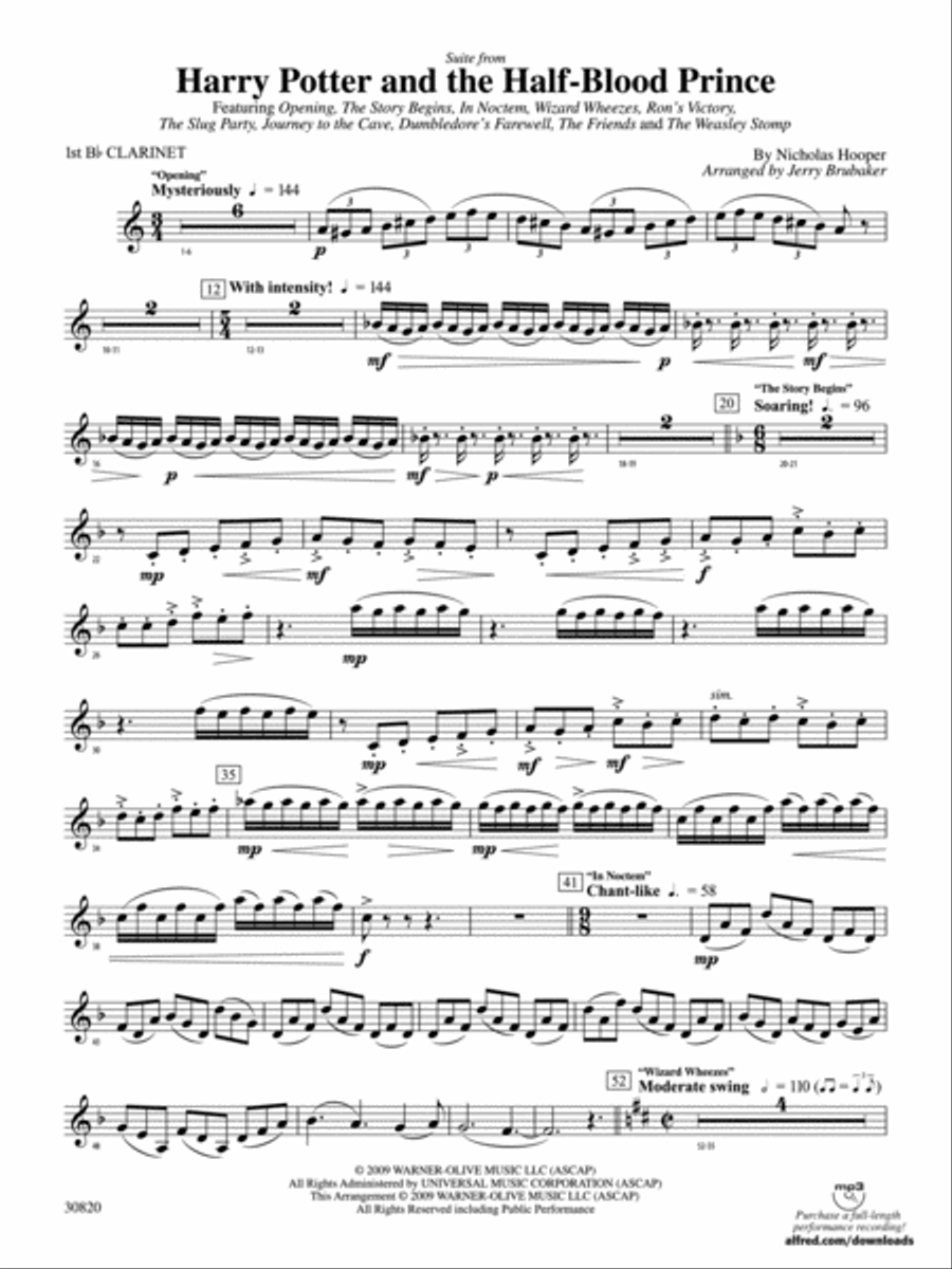 Harry Potter and the Half-Blood Prince, Suite from: 1st B-flat Clarinet Concert Band scores gallery preview page 1