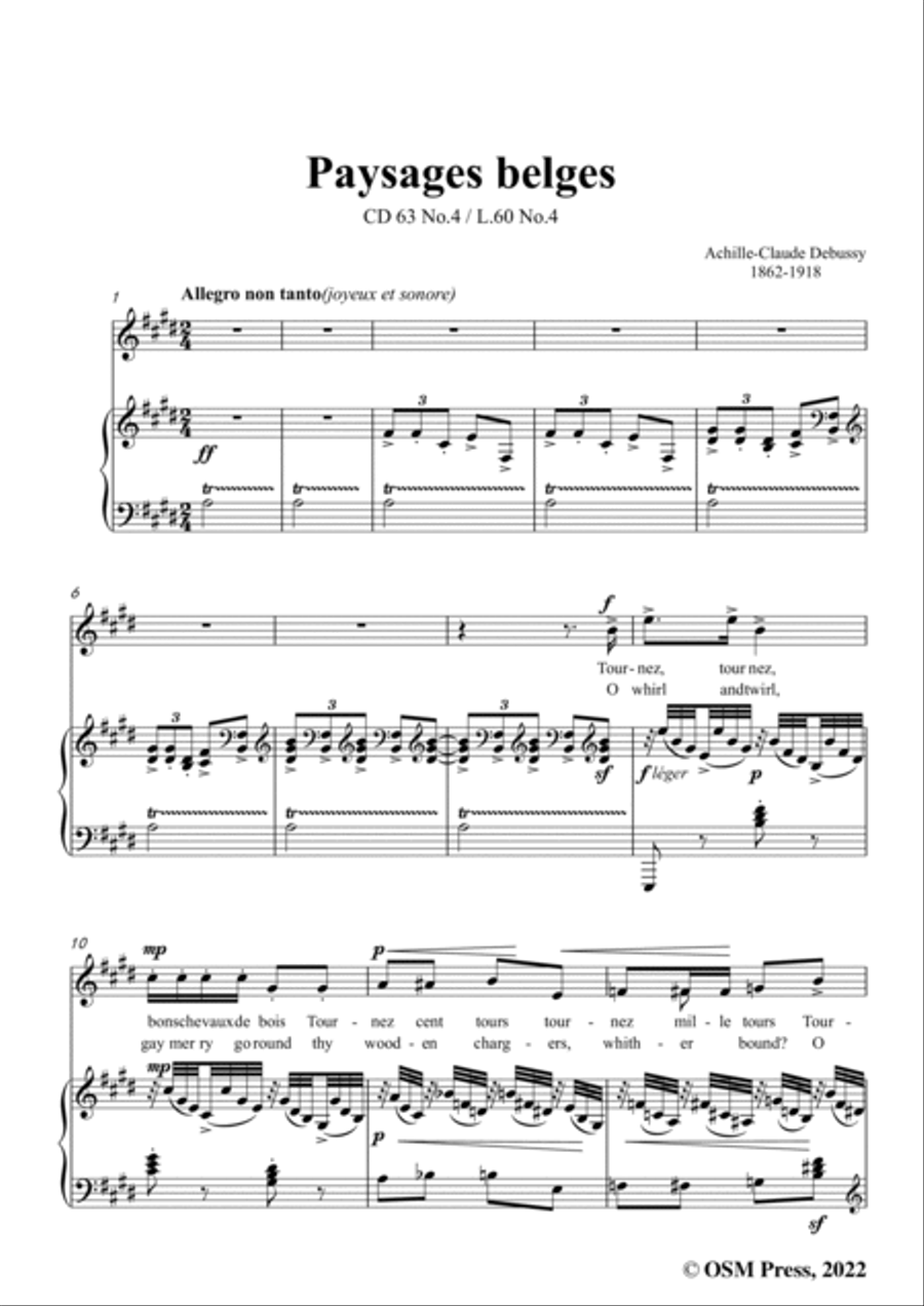 Debussy--Paysages belges(Chevaux de bois),CD 63 No.4,in E Major,from 'Ariettes oubliées,CD 63',for V Voice scores gallery preview page 3