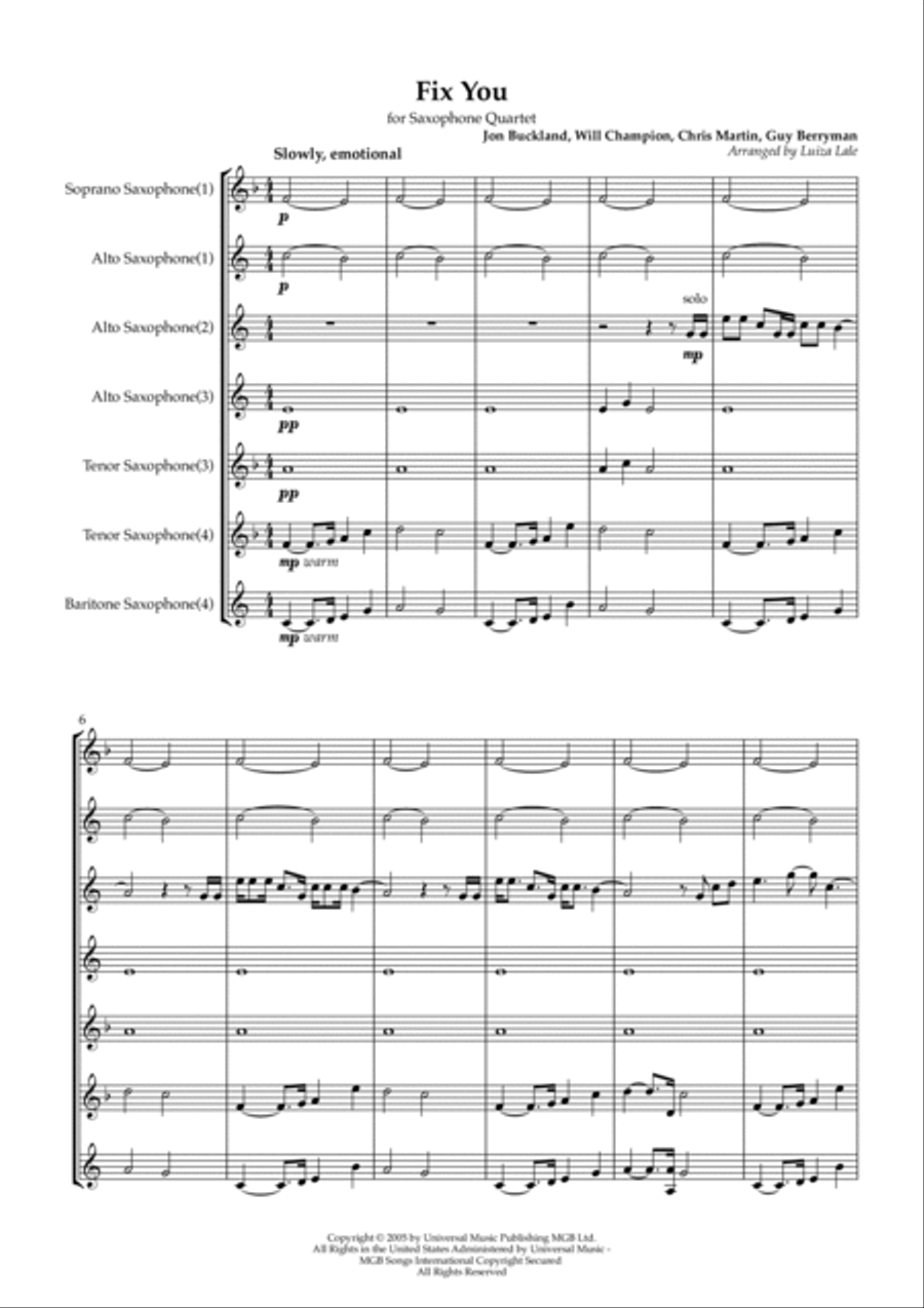 Fix You Saxophone Quartet scores gallery preview page 2