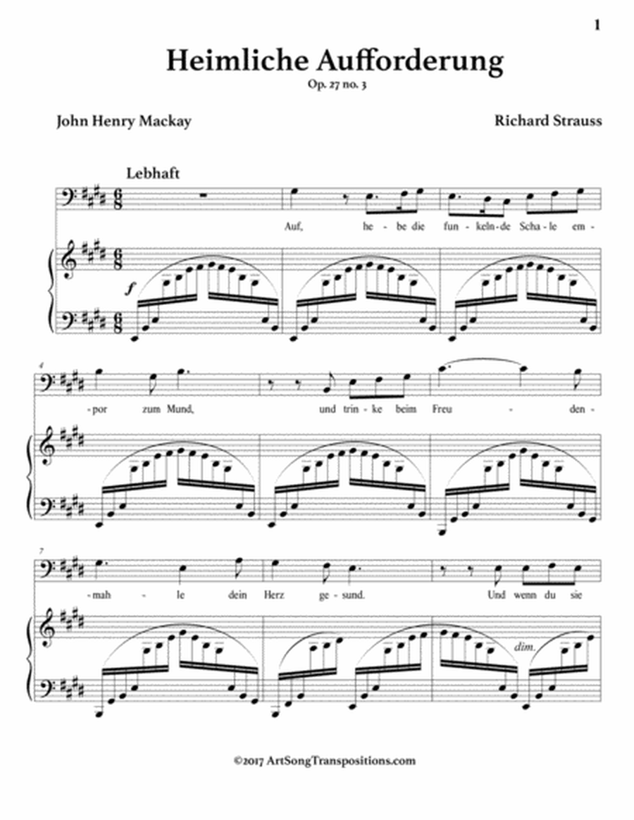 STRAUSS: Heimliche Aufforderung, Op. 27 no. 3 (transposed to E major, bass clef)