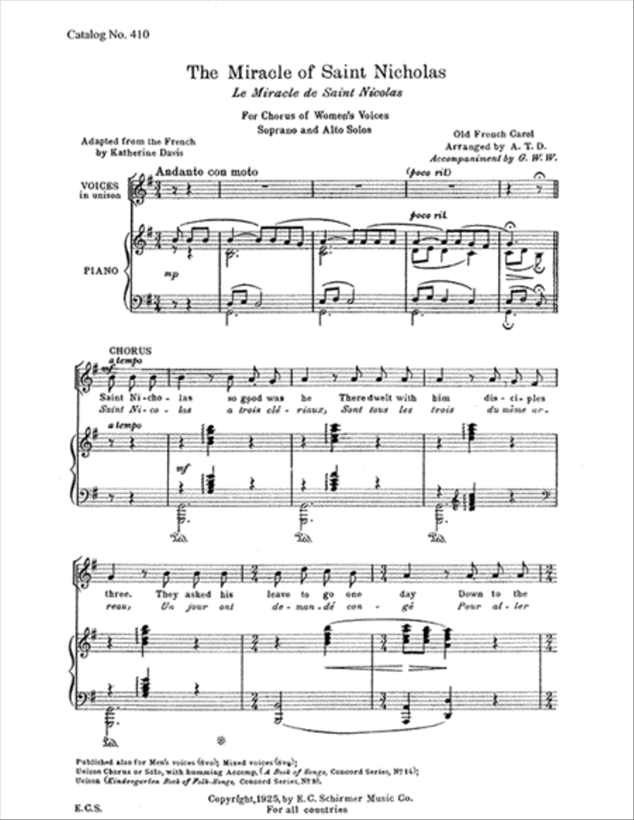 The Miracle of St. Nicholas (Le Miracle de Saint Nicolas) SSAA scores gallery preview page 1