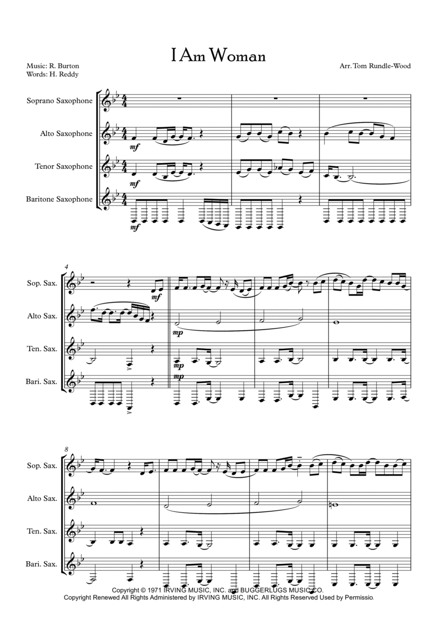 I Am Woman Saxophone Quartet scores gallery preview page 1