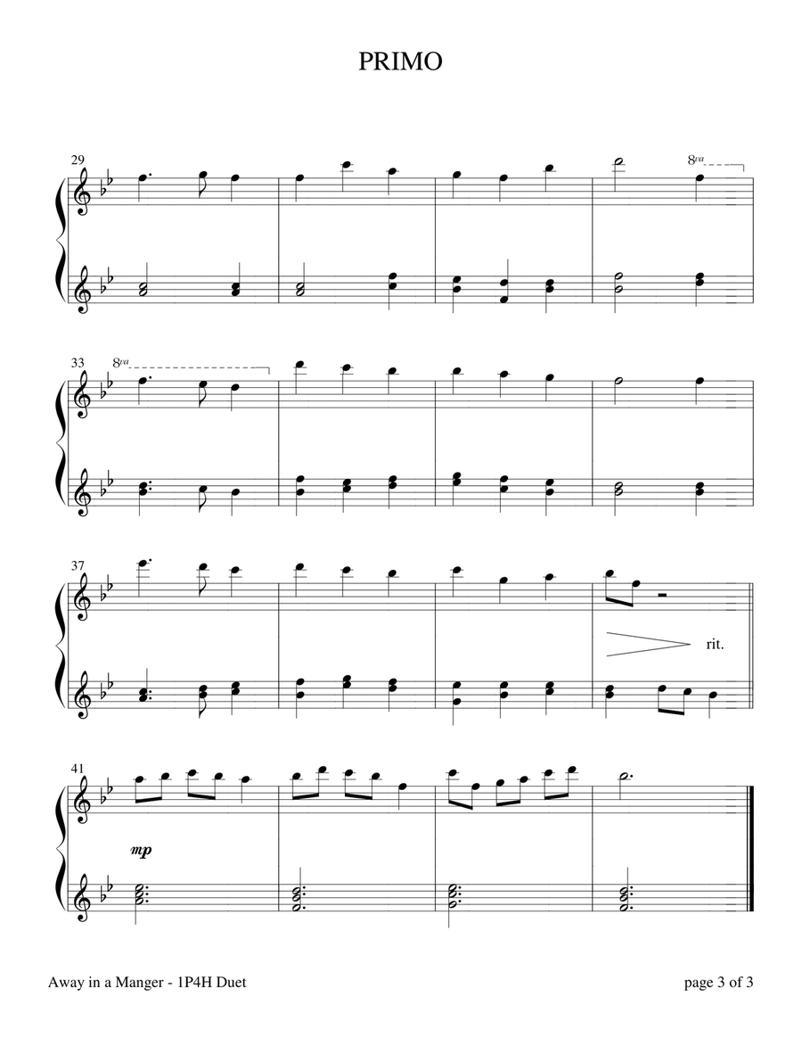 Away in a Manger (Early-Intermediate Piano Duet: 1 Piano, 4 Hands) image number null