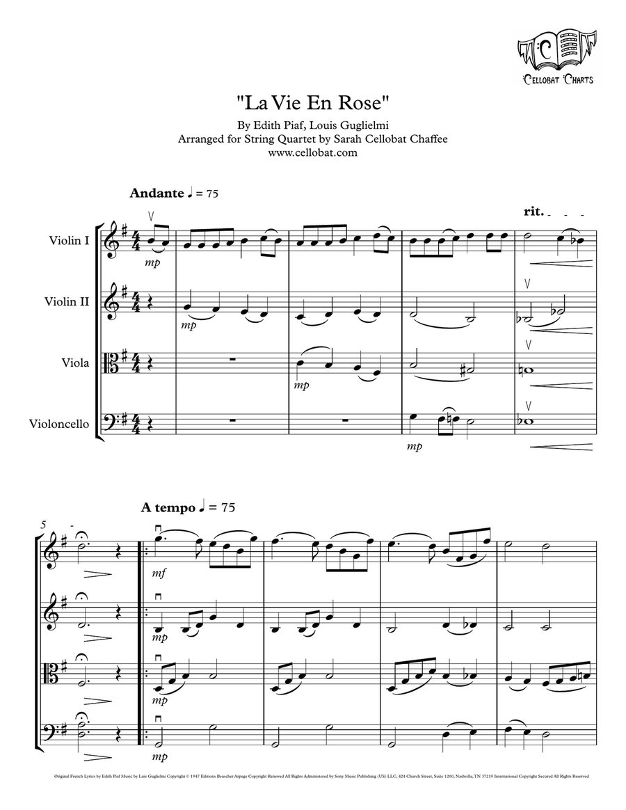 La Vie En Rose by Edith Piaf String Quartet - Digital Sheet Music