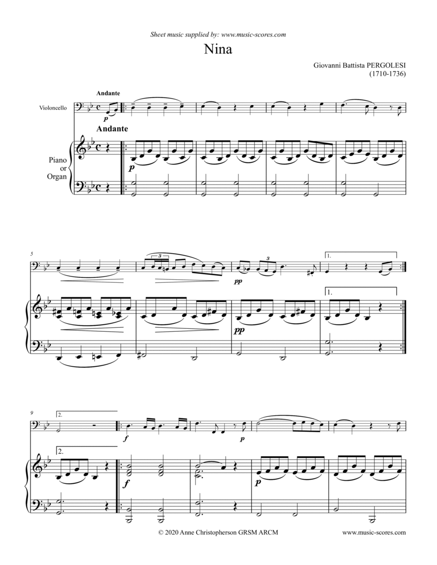 Nina - Cello (G minor) and piano/organ String Duet scores gallery preview page 1