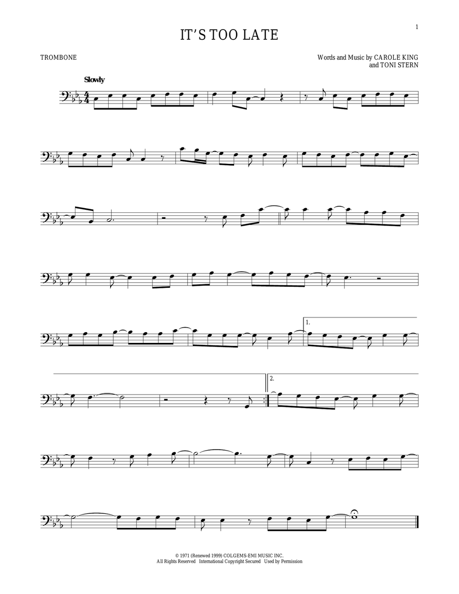 It's Too Late Trombone Solo scores gallery preview page 1