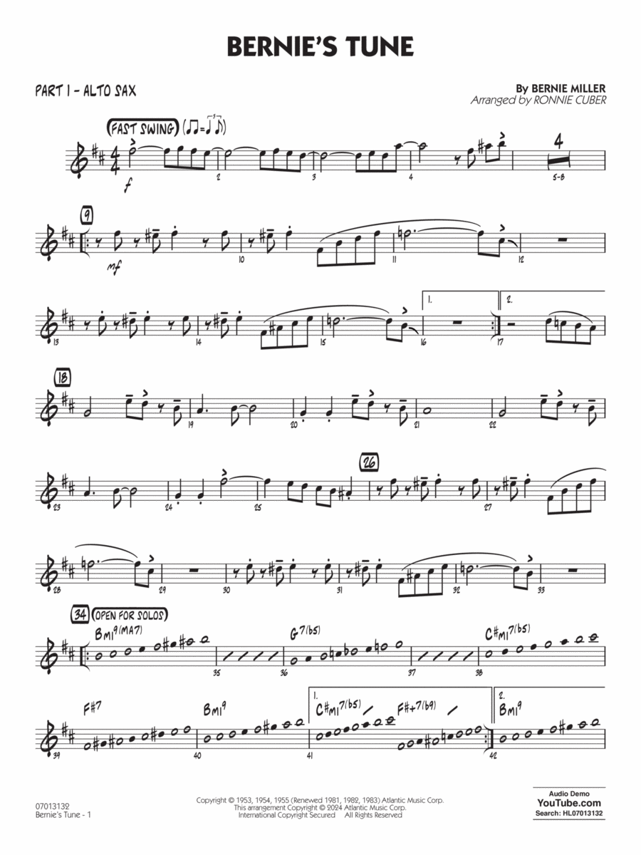 Bernie's Tune (arr. Ronnie Cuber) - Part 1 - Alto Sax Jazz Ensemble scores gallery preview page 1