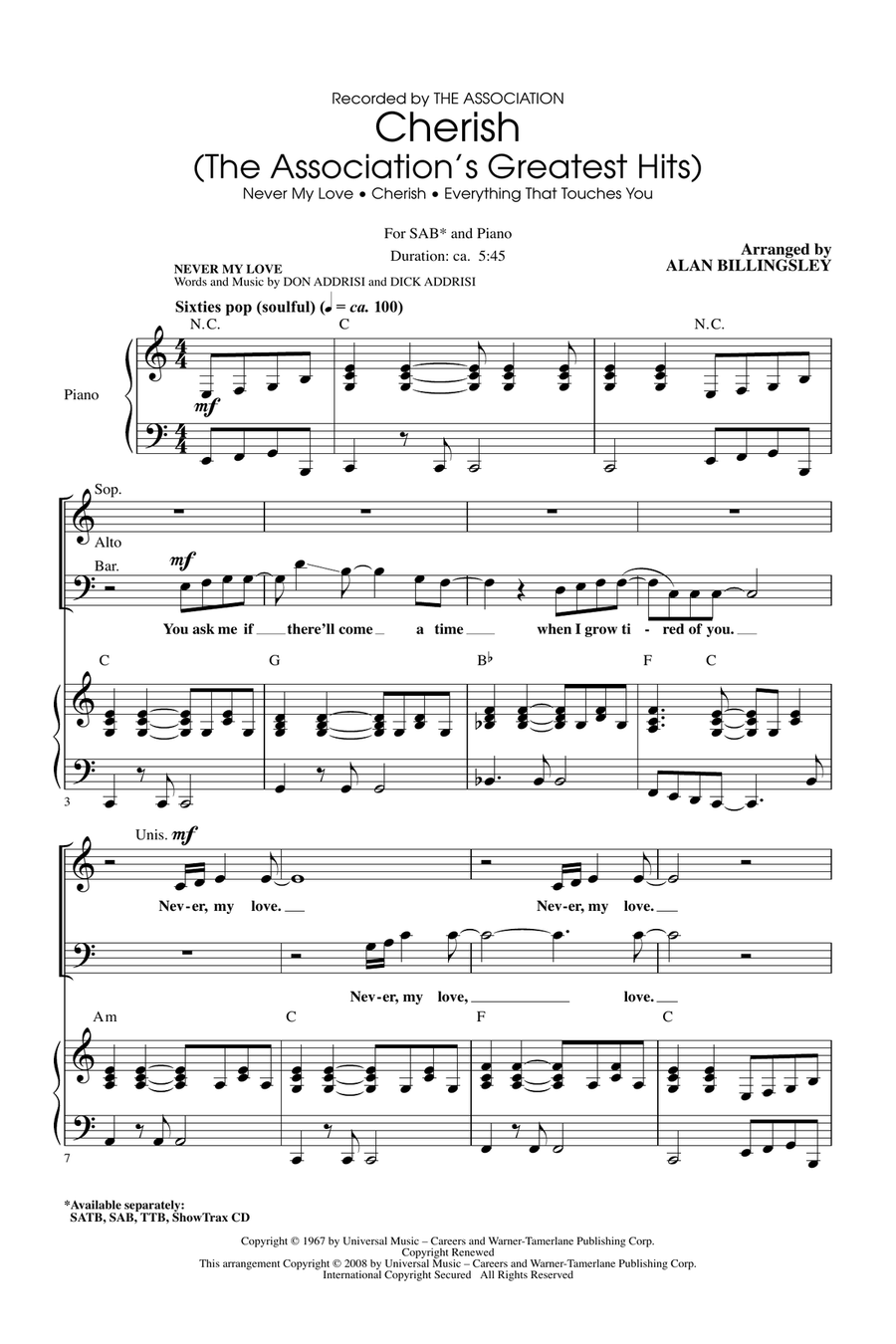 Cherish (The Association's Greatest Hits) 3-Part scores gallery preview page 1