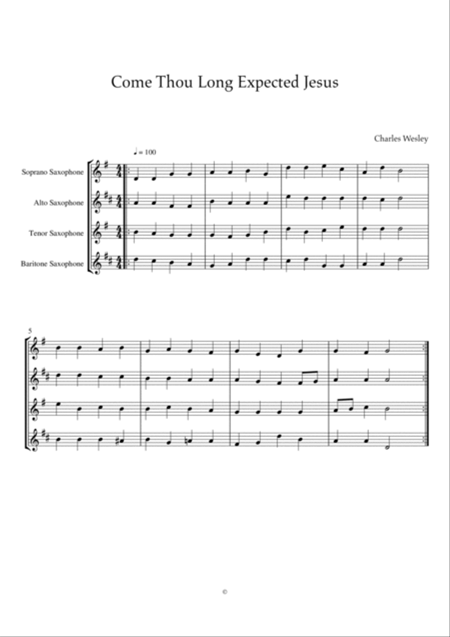 Charles Wesley - Come Thou Long Expected Jesus (Saxophone Quartet Version) Saxophone Quartet scores gallery preview page 2