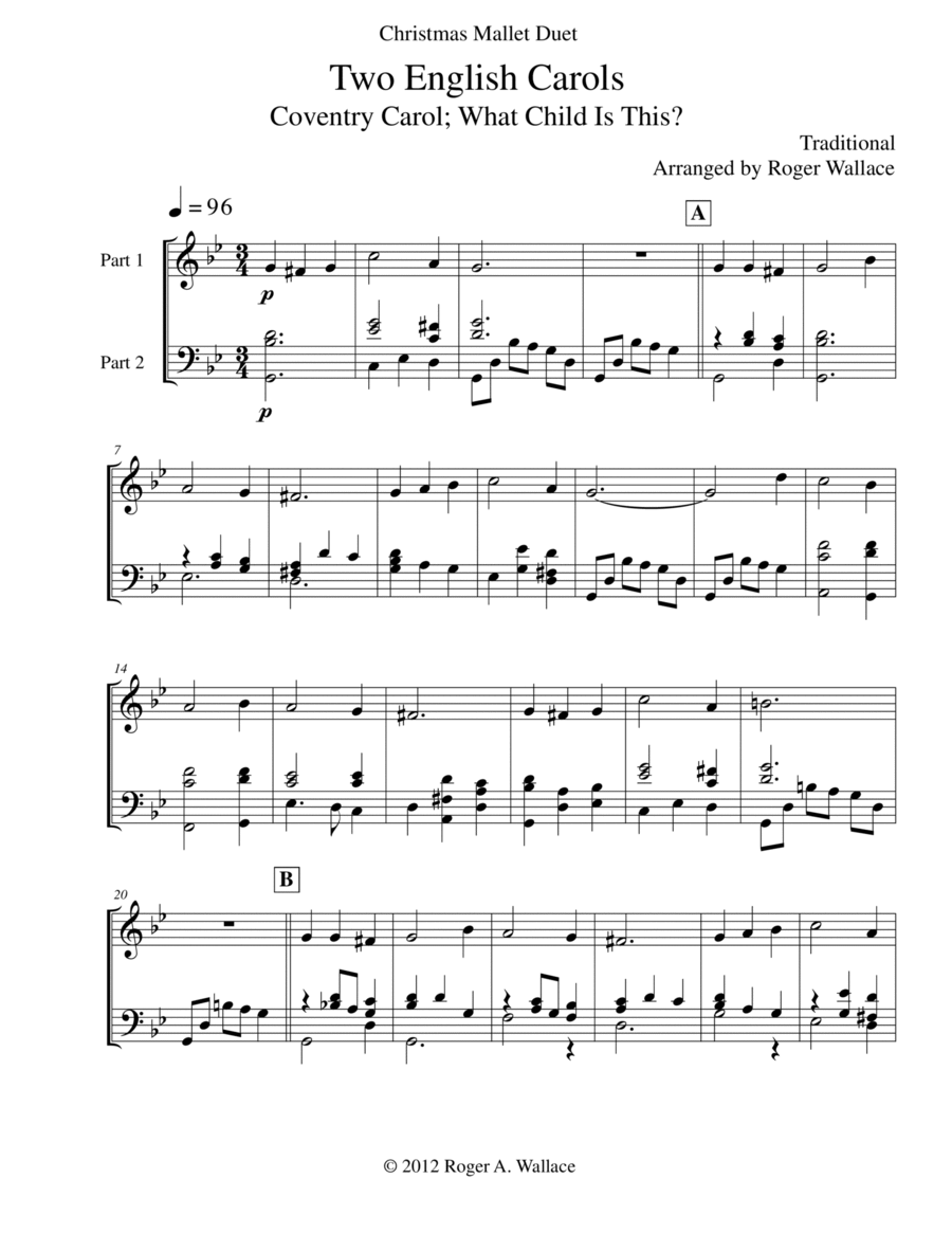 Two English Carols (Coventry Carol; What Child Is This?) - Marimba & Vibraphone Duet Marimba scores gallery preview page 1