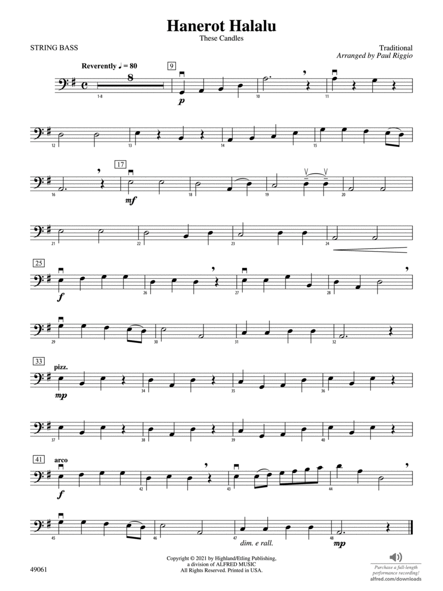 Hanerot Halalu: String Bass String Orchestra scores gallery preview page 1