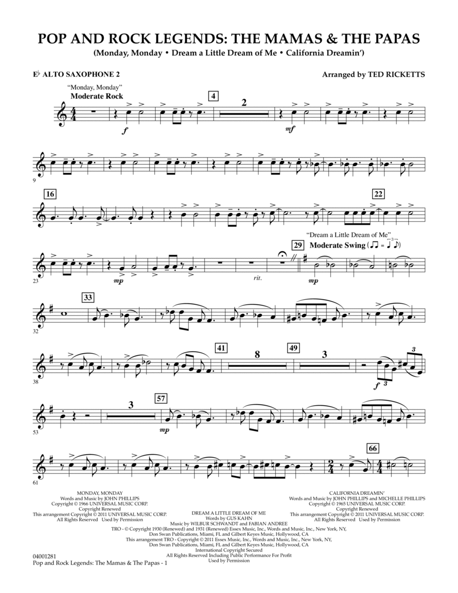 Pop And Rock Legends: The Mamas & The Papas - Eb Alto Saxophone 2 Concert Band scores gallery preview page 1