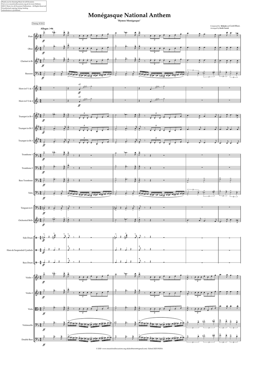Monegasque (Monaco) National Anthem for Symphony Orchestra (Olympic National Anthem Series) Full Orchestra scores gallery preview page 2