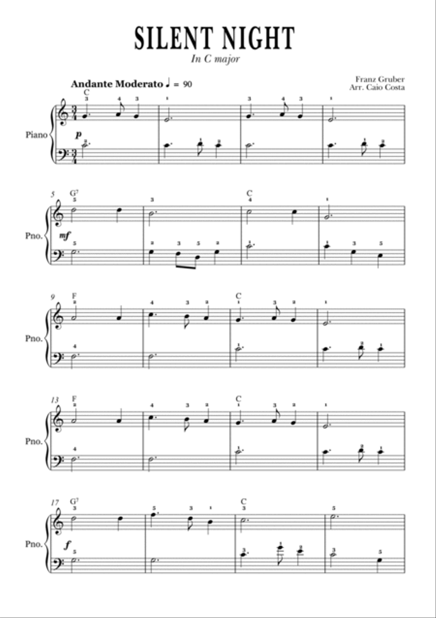 Silent Night - Beginner Piano Solo in C major with fingering Easy Piano scores gallery preview page 2