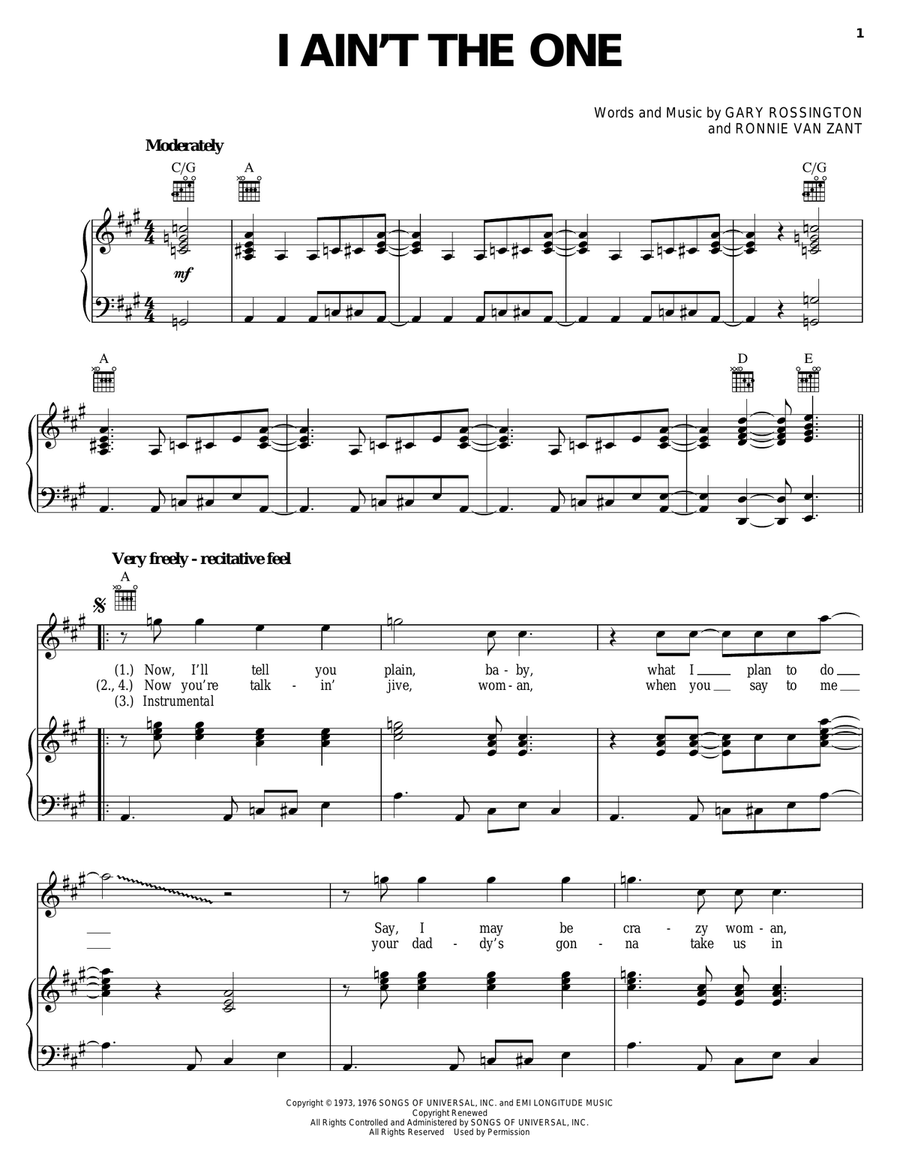 I Ain't The One Piano, Vocal, Guitar scores gallery preview page 1