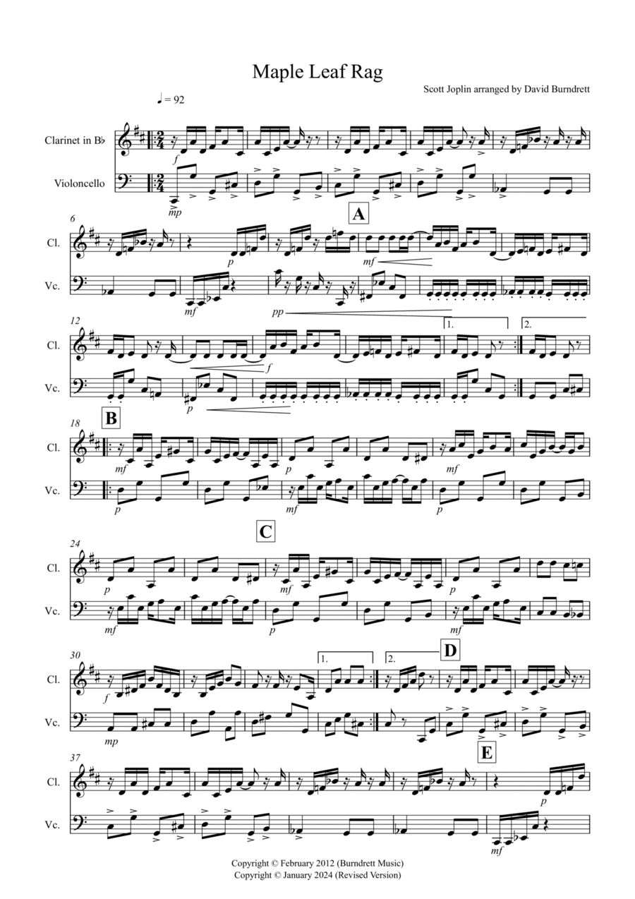 Maple Leaf Rag for Clarinet and Cello Duet B-Flat Clarinet scores gallery preview page 1