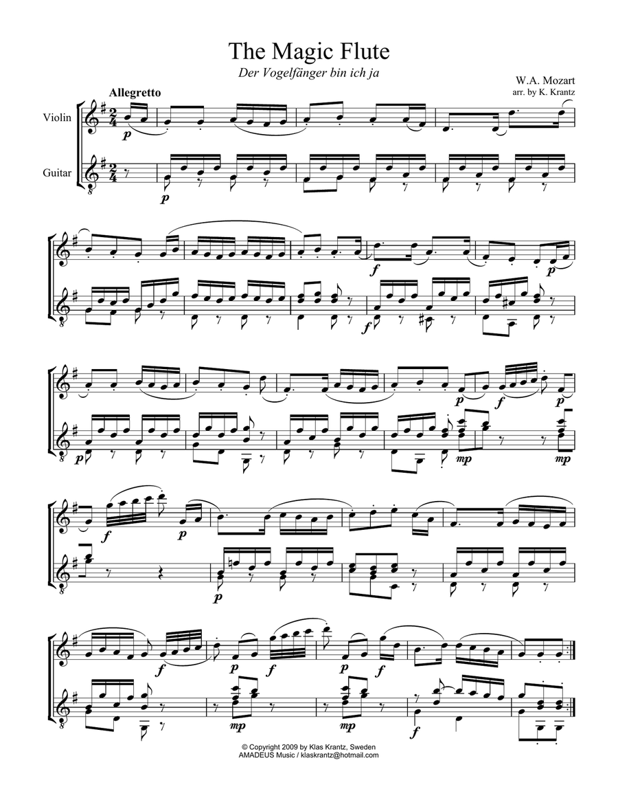 8 short pieces by W.A. Mozart arranged for violin and guitar String Duet scores gallery preview page 2