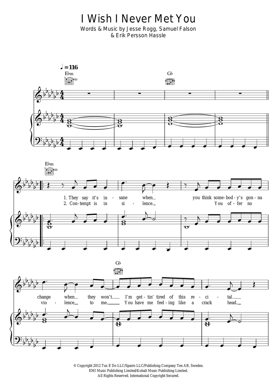 I Wish I Never Met You I Wish I Never Met You Piano, Vocal scores gallery preview page 1