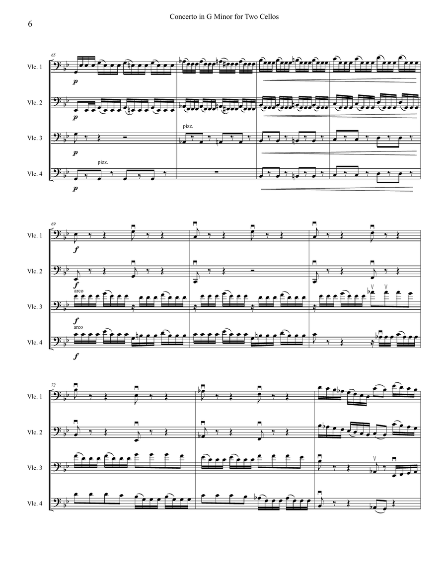 Vivaldi Concerto for Two Cellos in G Minor, arranged for cello quartet (four cellos), RV 531 1st mov String Orchestra scores gallery preview page 6