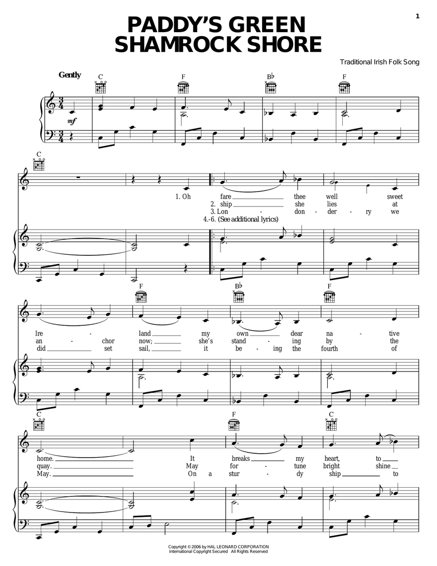Paddy's Green Shamrock Shore Piano, Vocal, Guitar scores gallery preview page 1
