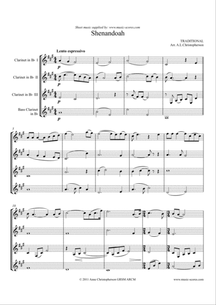 Shenandoah - Clarinet Quartet Clarinet Quartet scores gallery preview page 1