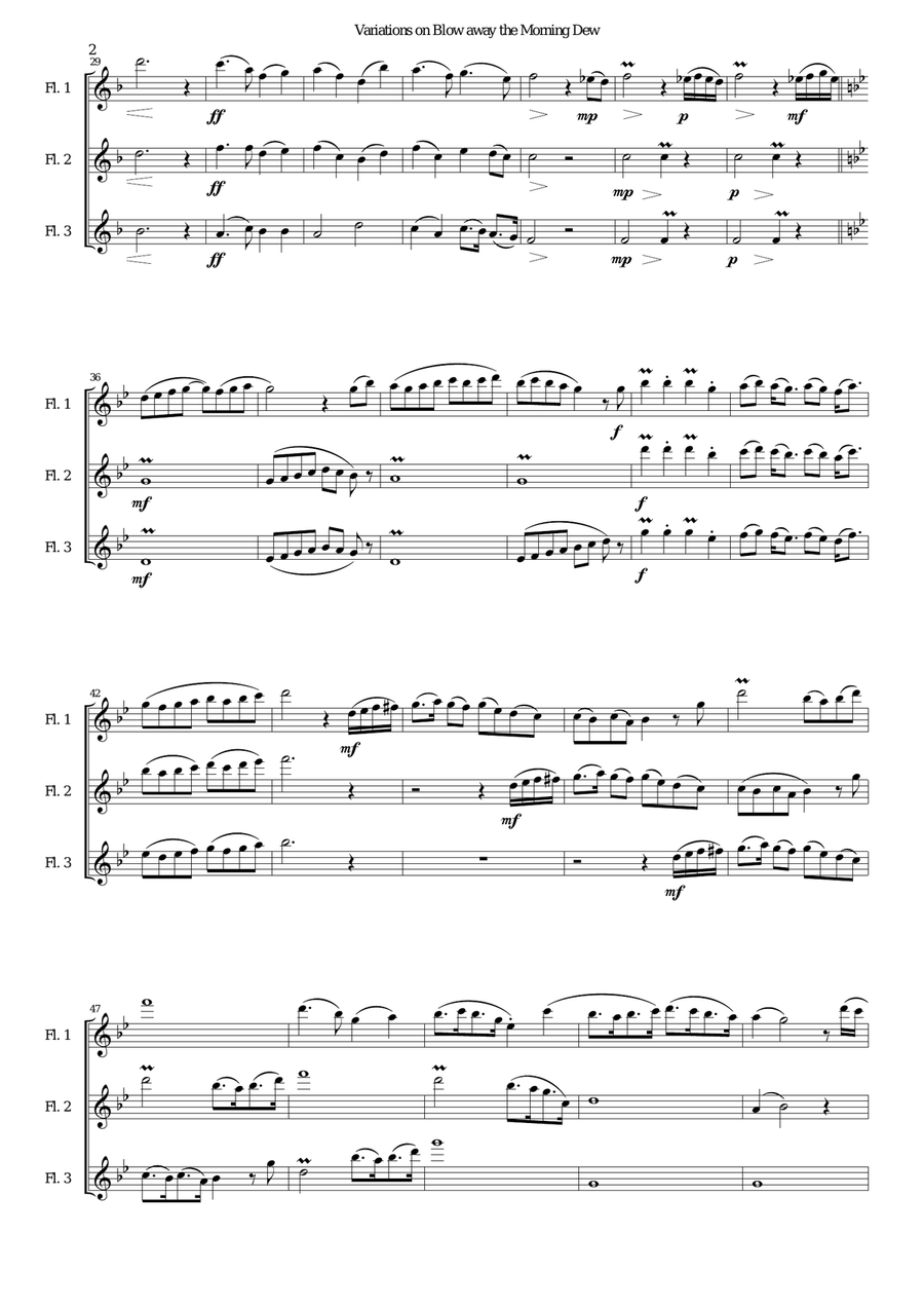 Variations on Blow away the morning dew for flute trio (3 C flutes) Flute Solo scores gallery preview page 2