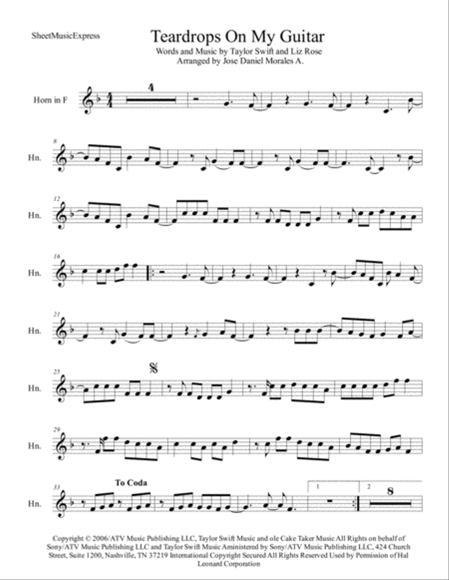 Teardrops On My Guitar Horn Solo scores gallery preview page 1