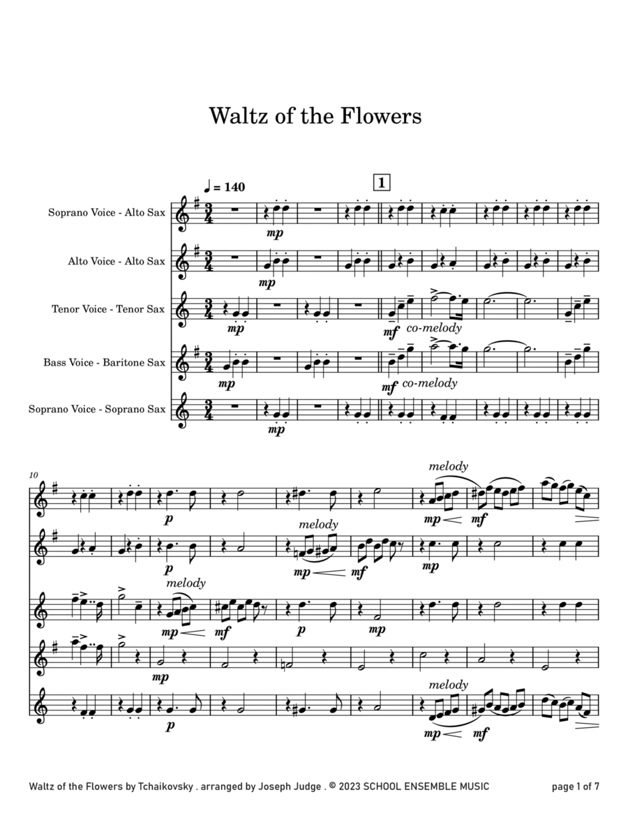 Waltz Of The Flowers by Tchaikovsky for Saxophone Quartet in Schools Saxophone Quartet scores gallery preview page 1