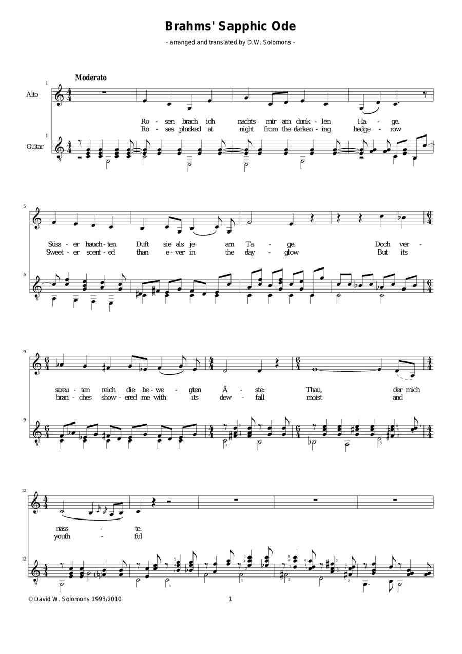 Sapphic ode (in German and English) for alto or baritone and guitar Small Ensemble scores gallery preview page 1