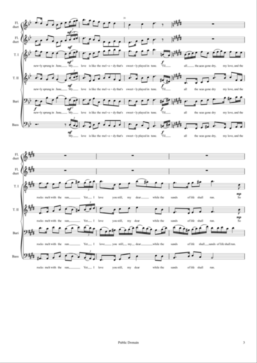 My Love Is Like a Red, Red Rose - TTBB plus Flute duet TTBB scores gallery preview page 3