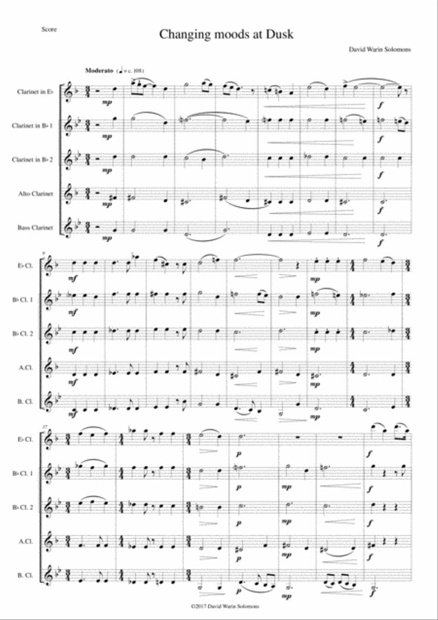 Changing moods at dusk for clarinet quintet (E flat, 2 B flats, Alto, Bass) Clarinet Quintet scores gallery preview page 1