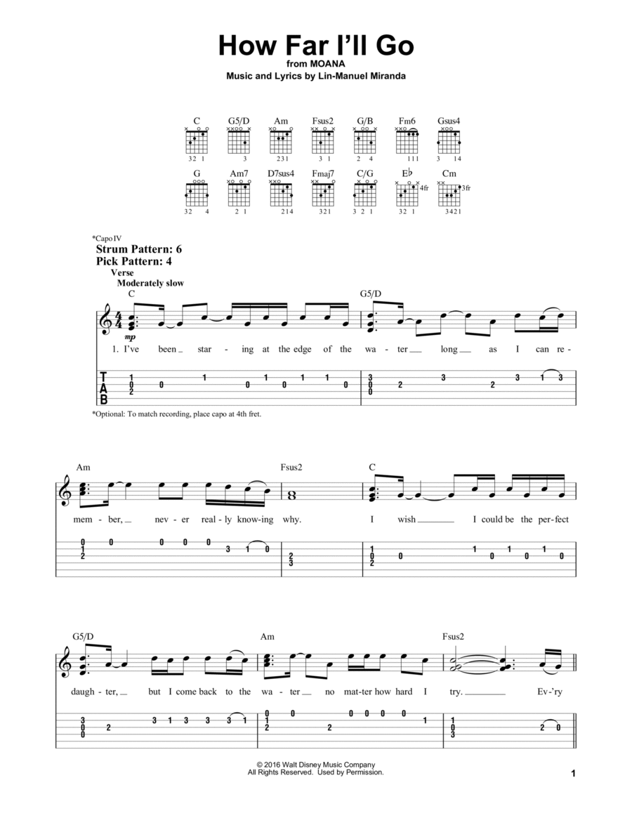 How Far I'll Go (from Moana) Guitar Tablature scores gallery preview page 1
