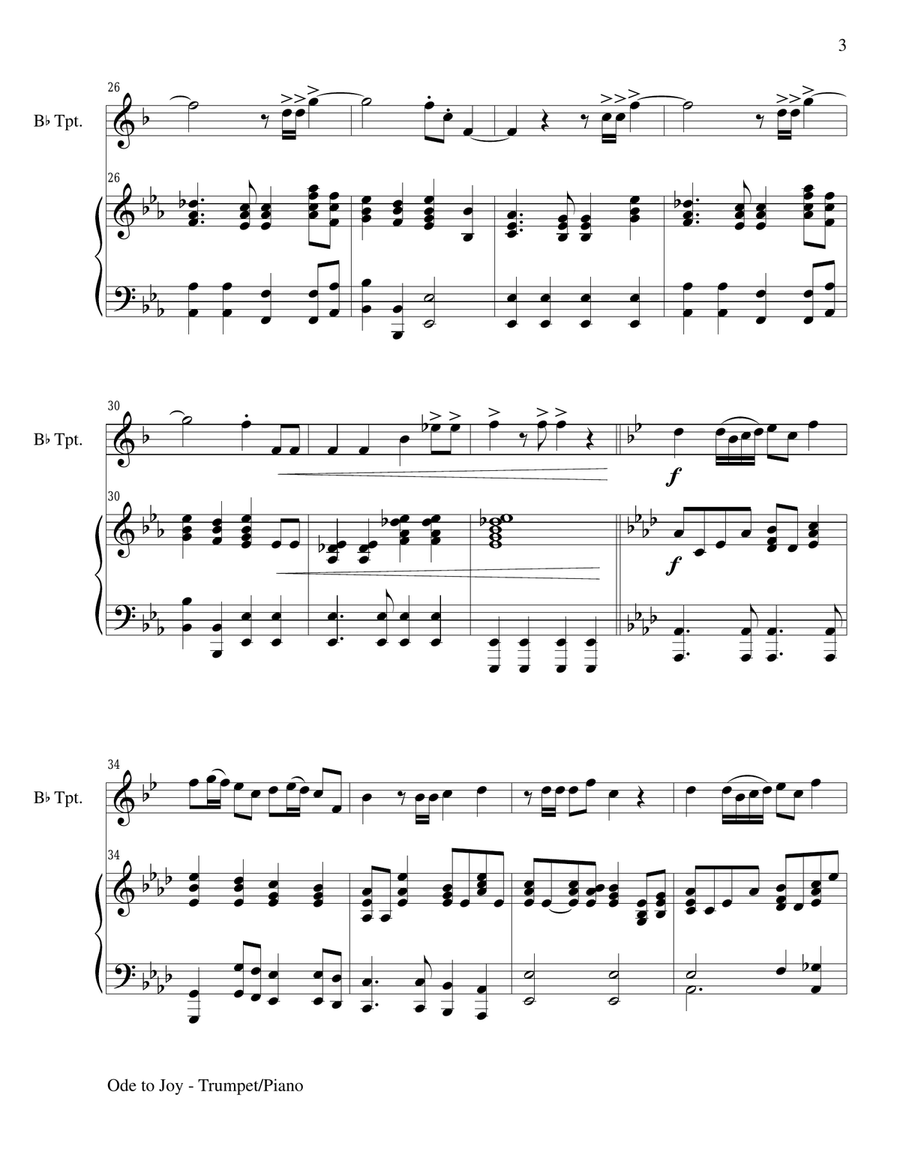ODE TO JOY (Joyful, Joyful, We Adore Thee), Bb Trumpet & Piano (Score & Parts included) B-Flat Trumpet scores gallery preview page 3