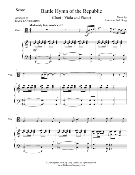 BATTLE HYMN OF THE REPUBLIC (Duet – Viola and Piano/Score and Parts) image number null