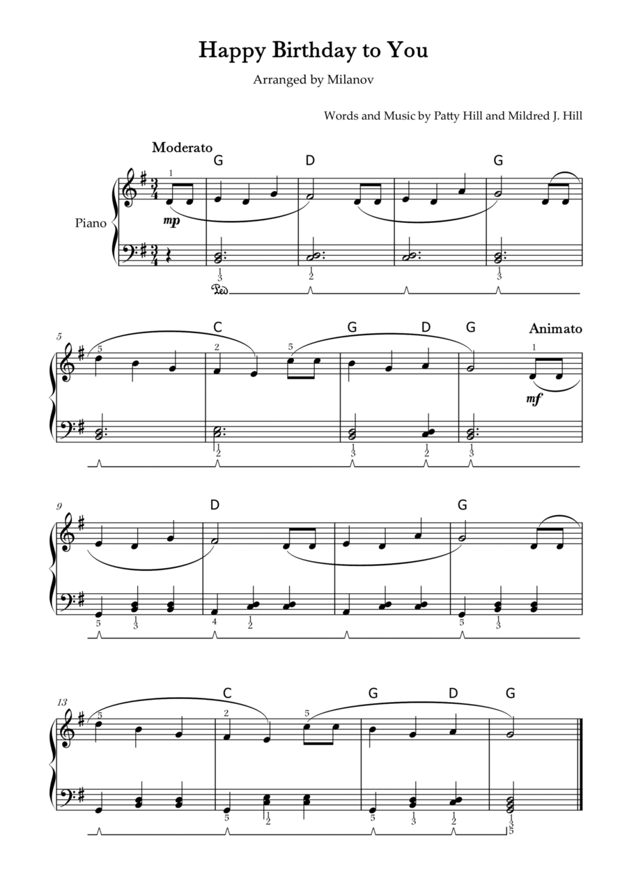 Happy Birthday to You Piano in G Easy Intermediate Chord Fingering Pedal Easy Piano scores gallery preview page 1