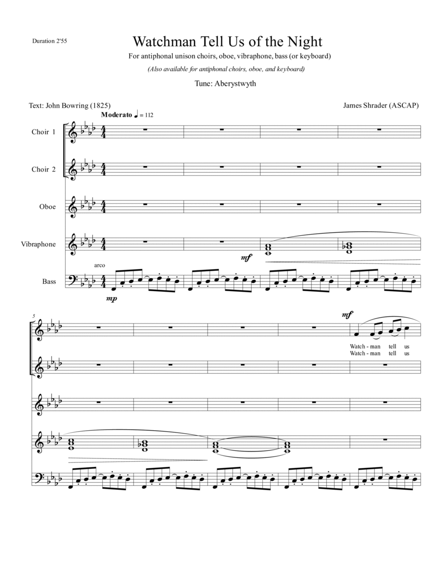 Watchman Tell Us of the Night (Aberystwyth( Unison Choir scores gallery preview page 1