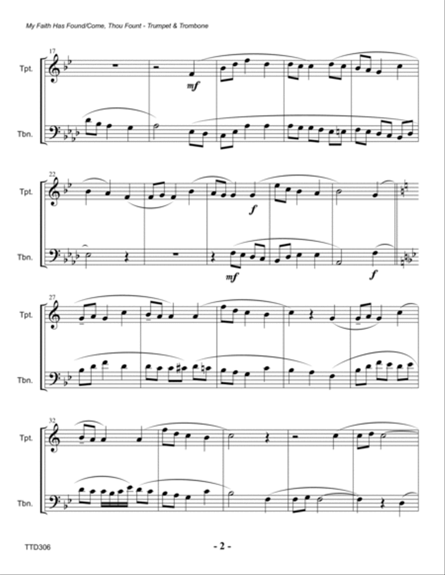 MY FAITH HAS FOUND A RESTING PLACE/COME THOU FOUNT OF EVERY BLESSING - Trumpet & Trombone Duet (unac Brass Duet scores gallery preview page 2