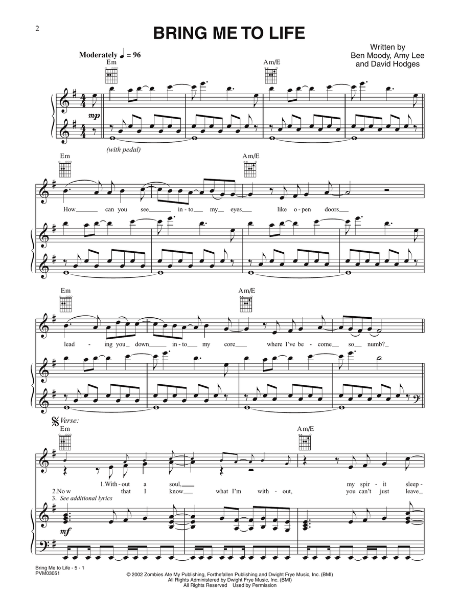 Bring Me to Life Piano, Vocal, Guitar scores gallery preview page 1