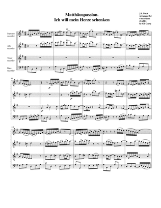 Book cover for Ich will mein Herze schenken from Matthaeuspassion BWV 244/13 (arrangement for 4 recorders)