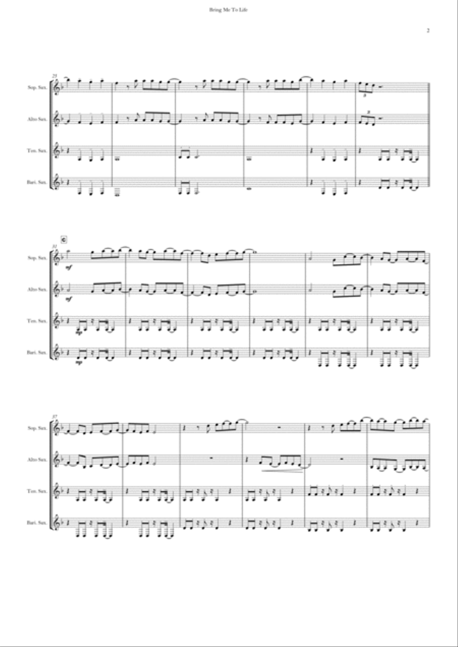Bring Me To Life Saxophone Quartet scores gallery preview page 2