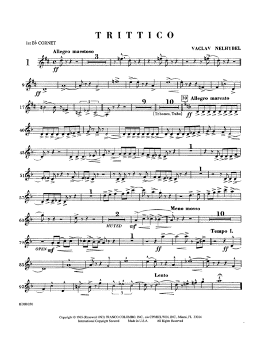 Trittico: 1st B-flat Cornet Concert Band scores gallery preview page 1