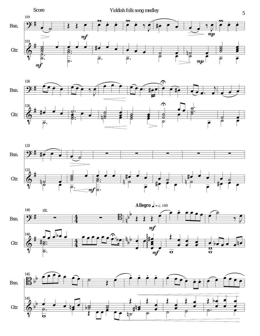 Yiddish Folk Song Medley for Bassoon and Guitar Bassoon scores gallery preview page 5