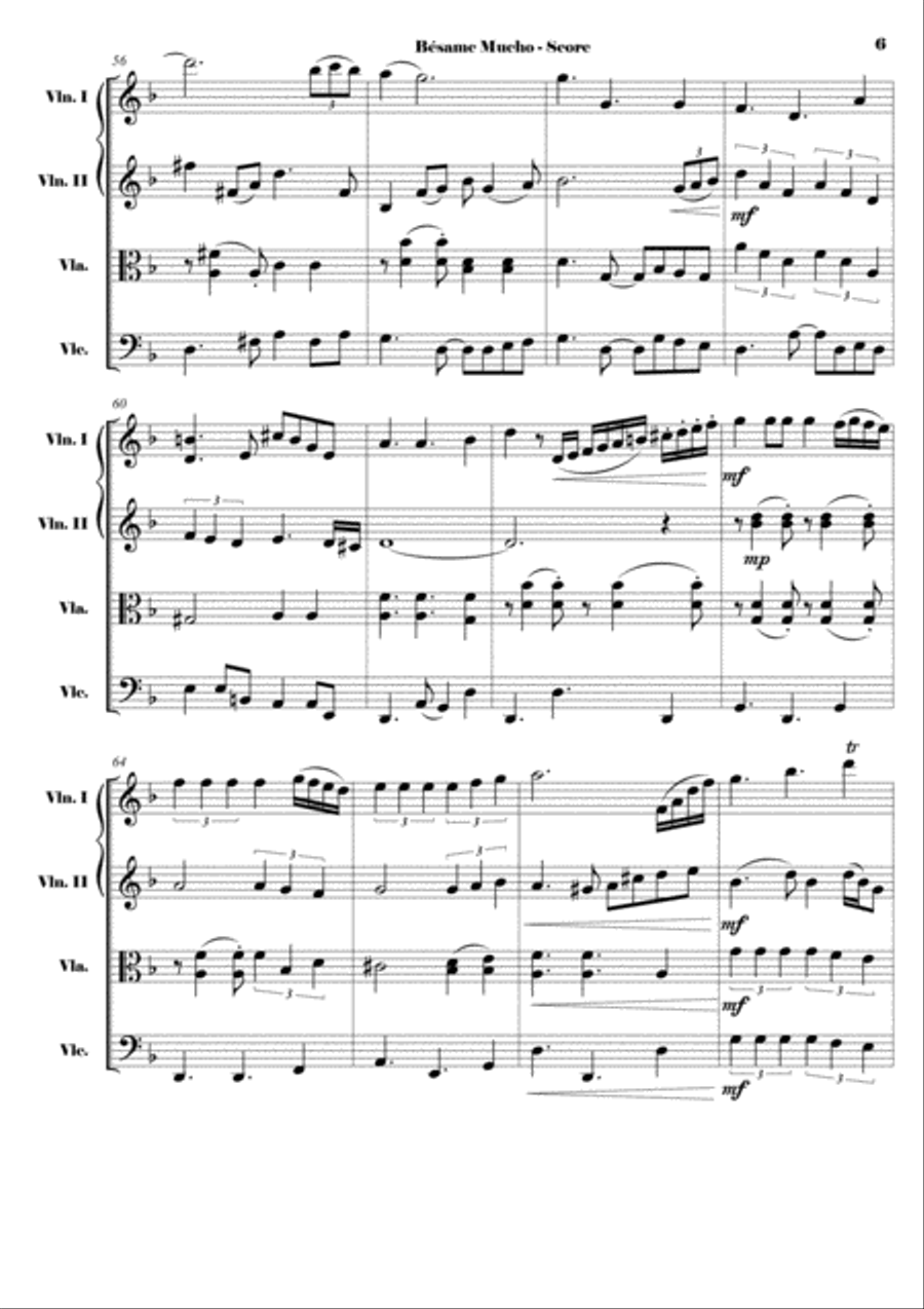 Besame Mucho (Kiss Me Much) String Quartet scores gallery preview page 6