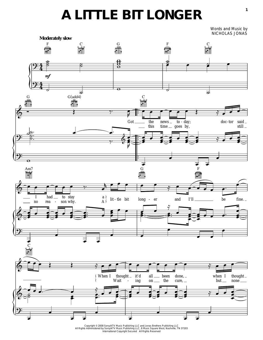A Little Bit Longer Piano, Vocal, Guitar scores gallery preview page 1