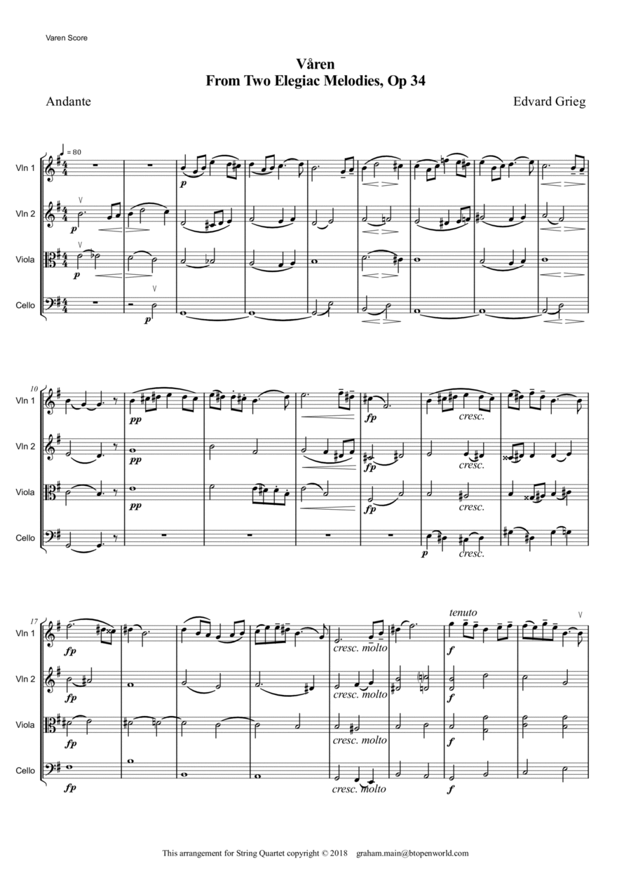 Våren (Last Spring) by Edvard Grieg String Quartet scores gallery preview page 1