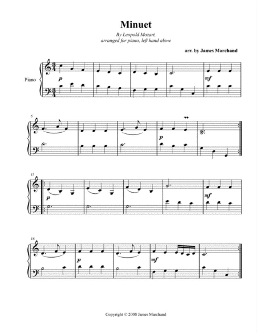 Minuet by L. Mozart, for the left hand Piano Solo scores gallery preview page 1