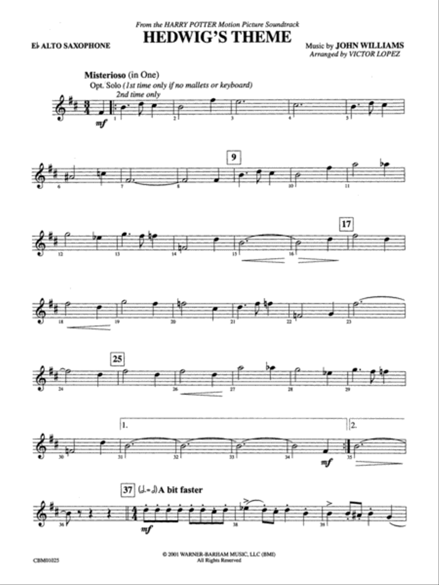 Hedwig's Theme (from Harry Potter): E-flat Alto Saxophone Concert Band scores gallery preview page 1