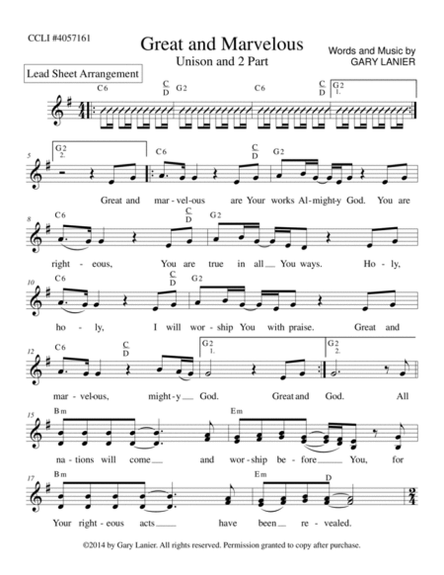 GREAT AND MARVELOUS, Lead Sheet (Includes Melody, Lyrics & Chords) image number null