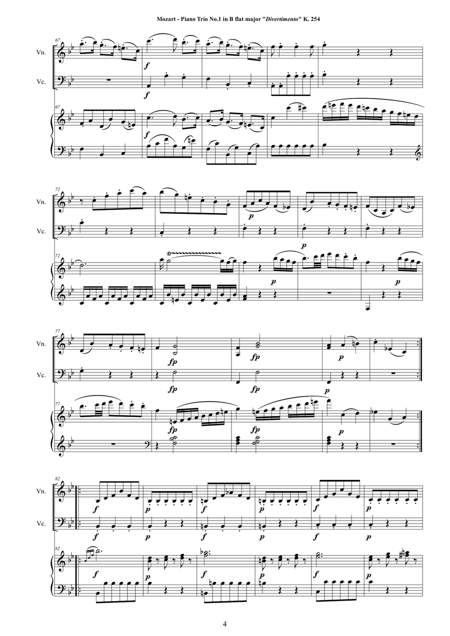 Mozart - Piano Trio No.1 in B flat (Divertimento) K 254 for Violin, Cello and Piano Piano Trio scores gallery preview page 4