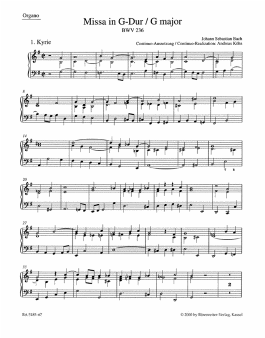 Mass G major BWV 236 'Lutheran Mass 4' by Johann Sebastian Bach Organ - Sheet Music